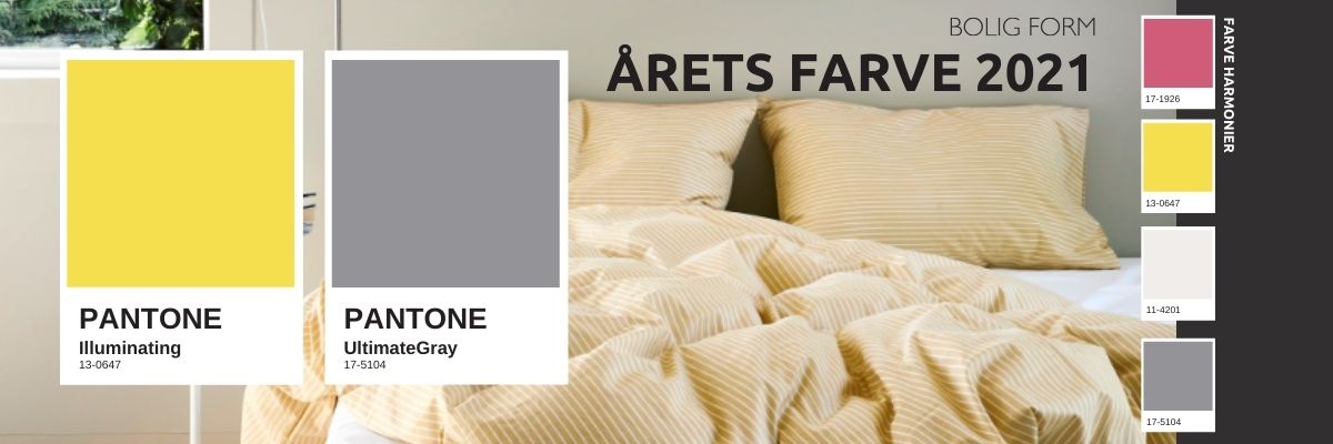 Årets farver 2021 er Ultimate Grey og Illuminating. Pantone/PMS: 17-5104, HEX: #939597, RGB: 147,149,151 og Pantone/PMS: 13-0647 HEX: #f5df4d RGB: 245,233,77